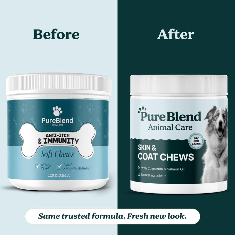 PureBlend Skin & Coat Soft Chews for Dogs — With Colostrum, Salmon Oil, Probiotics & Brewer's Yeast — Dog Coat Supplement — 120 Chews, Up to 4 Month Supply