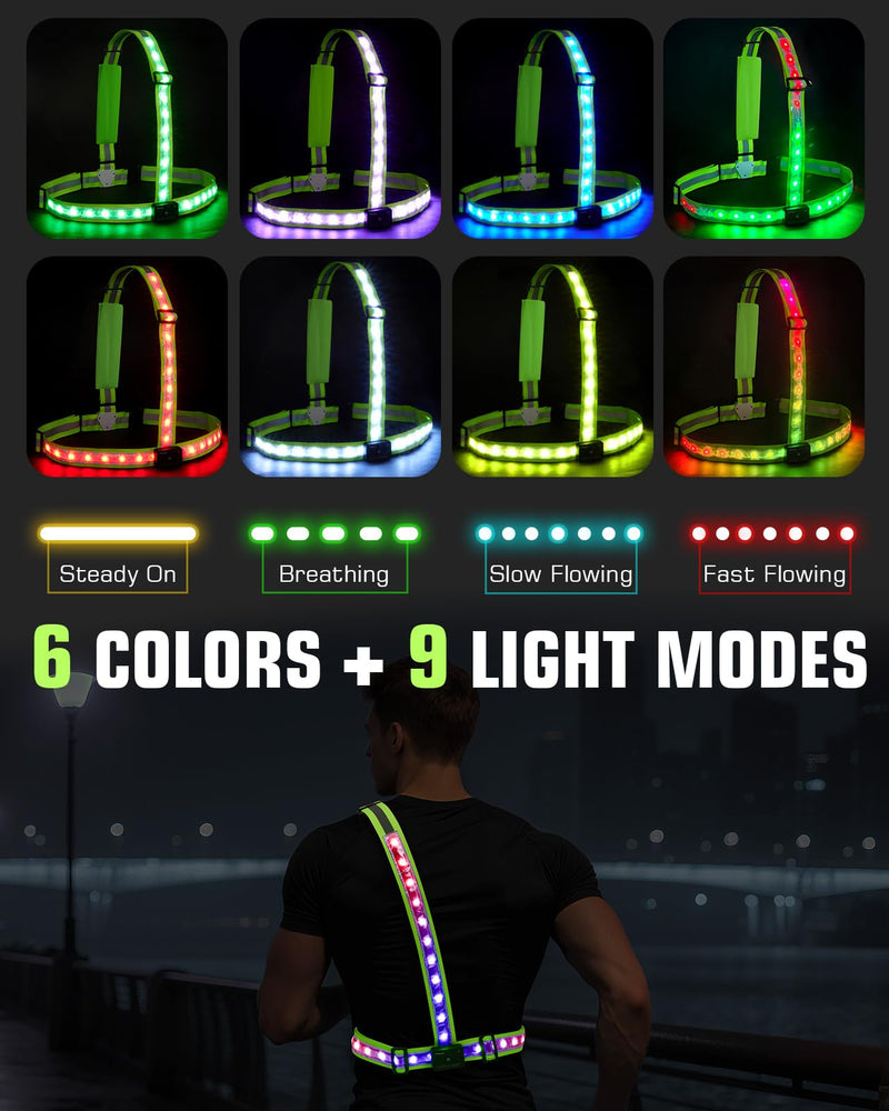 Zacro Reflective Running Vest with 9 RGB Modes, 500LM High Visibility Chest Light for Runners, Rechargeable Light Up Running Gear for Night Safety Cycling Hiking Dog Walking Adjustable for Men Women with Phone Bag - BeesActive Australia