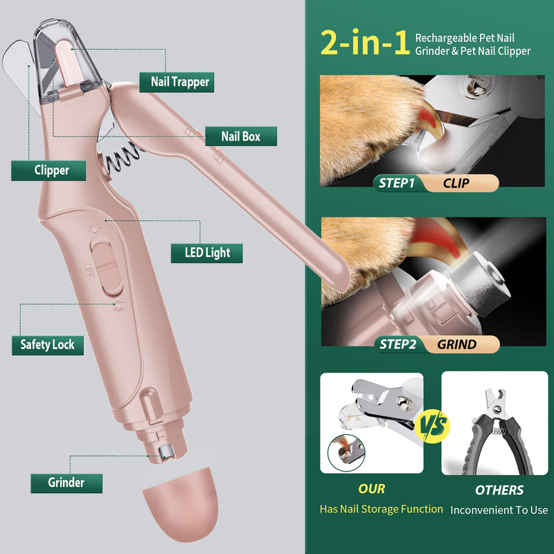 CATPICK 2-in-1 Cat Nail Clippers & Dog Nail Clippers Trimmers for Large Medium Small Dogs Cats Claw Trimmer Quick Sensor and Safety Guard USB Rechargeable with 2 LED Lights Dogs Nail Trimmer Pink 6th Generation