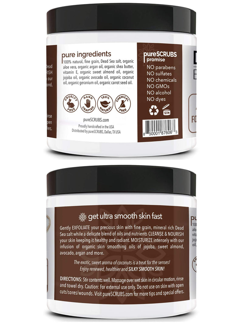 pureSCRUBS Premium Organic Body Scrub Set - INCLUDES spoon, loofah & soap - Large 16oz COCONUT BODY SCRUB Dead Sea Salt Infused Organic Essential Oils & Nutrients - BeesActive Australia