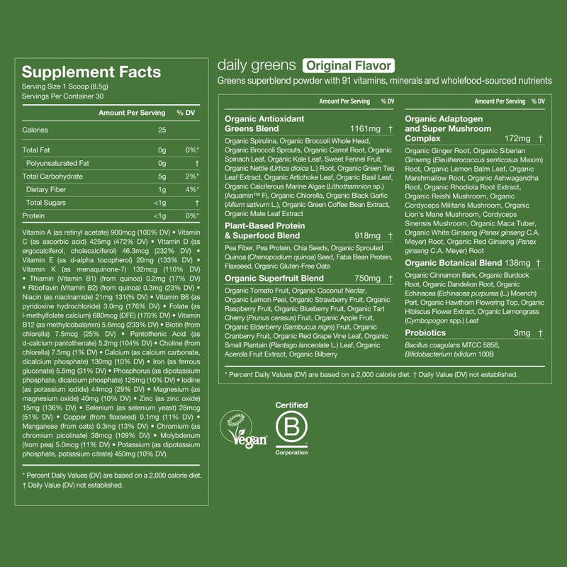 Huel Daily Greens | Superfood Greens Powder | Adaptogens & Probiotics | Original Flavor | 30 Servings | 91 Vitamins, Minerals, and Wholefood-Sourced Ingredients | Adaptogens & Antioxidants 9 Ounce (Pack of 1)