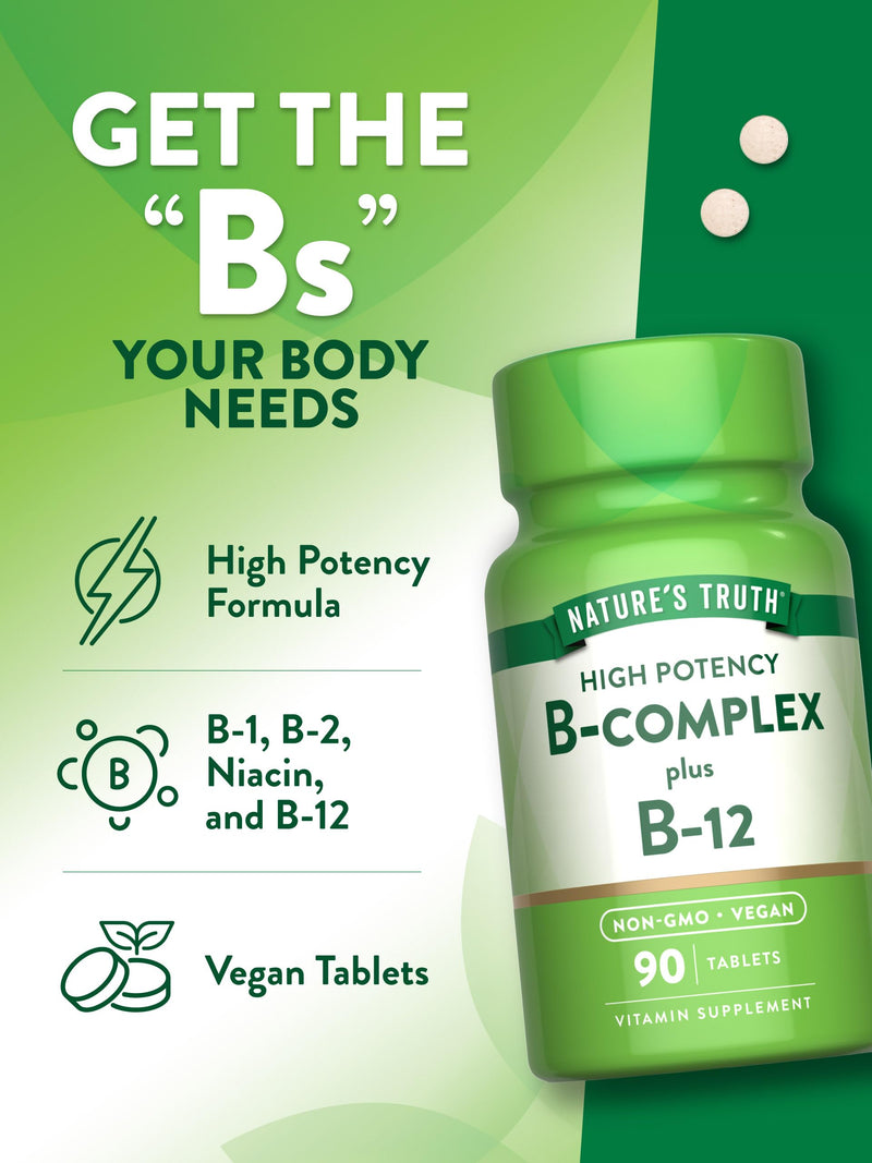 Nature's Truth Vitamin B Complex for Women & Men | Plus B12 | 90 Tablets | High Potency | Vegan and Non-GMO Supplement Unflavored 90 Count (Pack of 1)