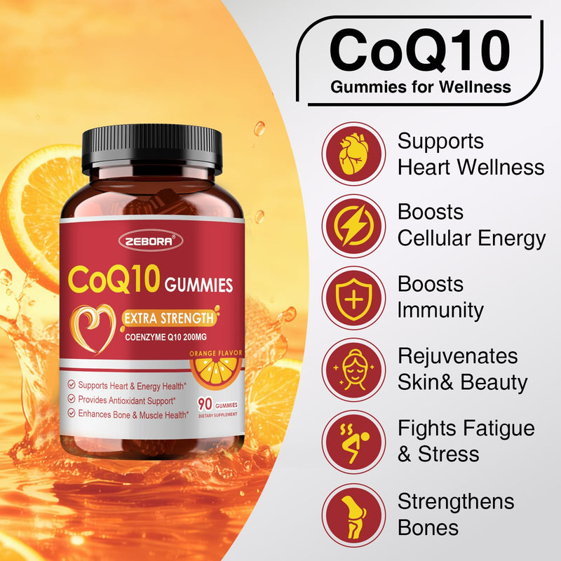 ZEBORA CoQ10 200mg Gummies, Orange Flavor, 90 Gummies | High Absorption Coenzyme Q10, With Omega-3, Heart & Energy Support, Powerful Antioxidant 90 Count (Pack of 1)