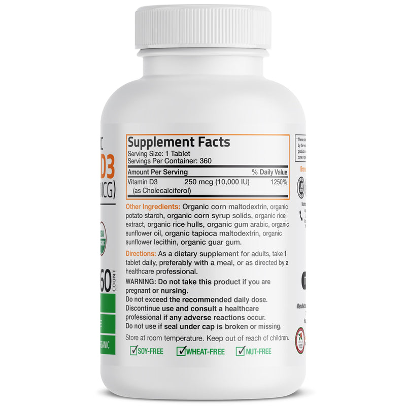 Bronson Vitamin D3 10,000 IU (250 mcg), USDA Certified Organic, 360 Tablets | Bone, Muscle, Immune & Nervous System Support, Non-GMO, Gluten-Free, Soy-Free, Wheat-Free & Nut-Free 360 Count (Pack of 1)