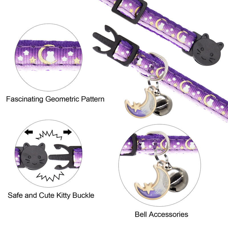 2 Pack Breakaway Cat Collar with Bells,Adjustable Moon and Star Kitten Safety Collars for Boys & Girls,Purple+Teal 7-11'' Teal+Purple - BeesActive Australia