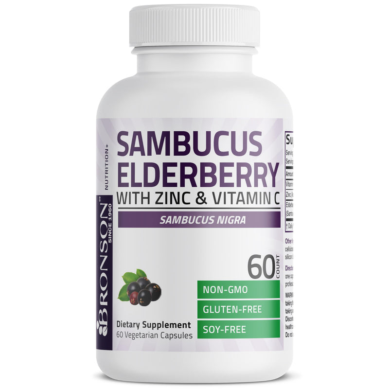 Bronson Elderberry with Zinc & Vitamin C Triple Immune Support, 60 Capsules | 125 mg Elderberry, 120 mg Vitamin C & 7 mg Zinc, Antioxidant Support, Vegetarian, Non-GMO, Gluten-Free & Soy-Free