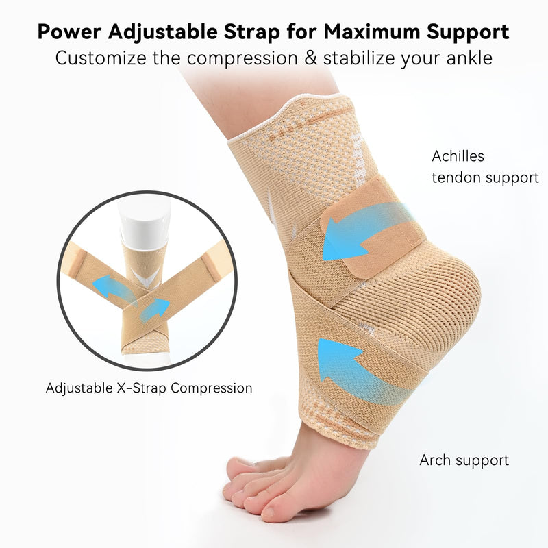 INDEEMAX 3D Ankle Brace for Women & Men, 2 Pack Ankle Compression Sleeve Support Copper Infused Ankle Brace for Sprained Ankle, Plantar Fasciitis Sports, Achilles Tendonitis Pain Relief, Copper Beige, M Medium