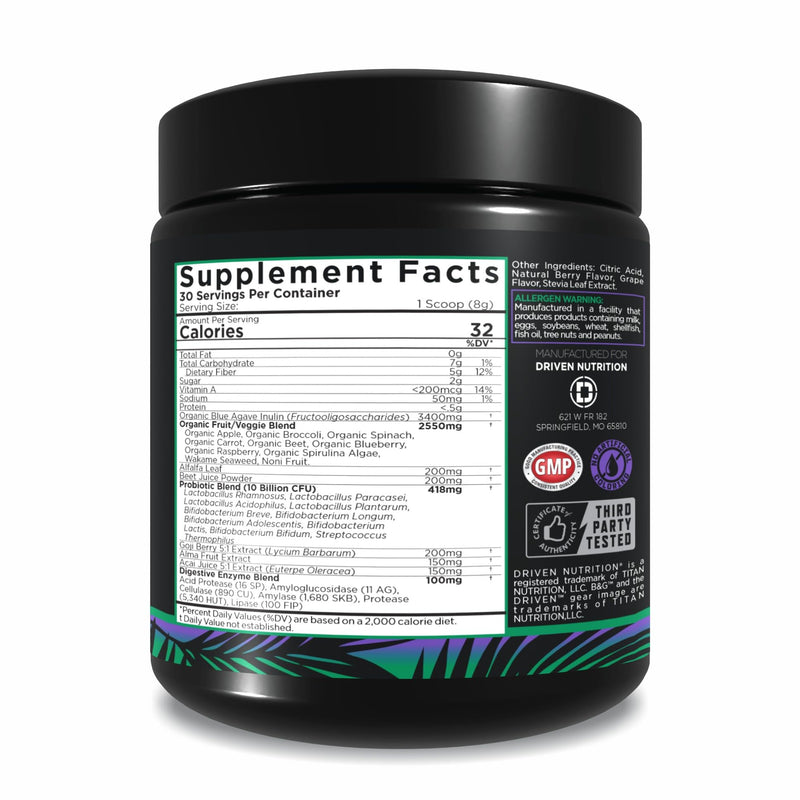 Driven B&G Berries & Greens Superfood Powder, 30 Servings - Organic Plant-Based Formula with Probiotics & Digestive Enzymes -Supports Recovery, Healthy Digestion, and Immune Function WOD-Berry
