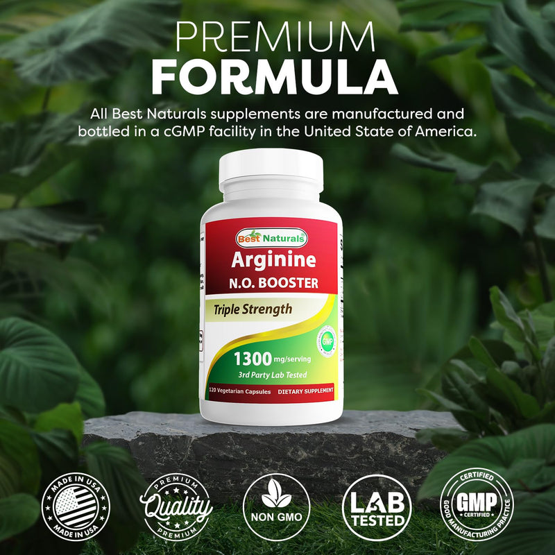 Best Naturals L-Arginine NO Booster Triple Strength 1300 mg Serving 120 Veg Capsules - Made with L-Arginine, AAKG, L-Citrulline, Beet Powder 120 Count (Pack of 1)