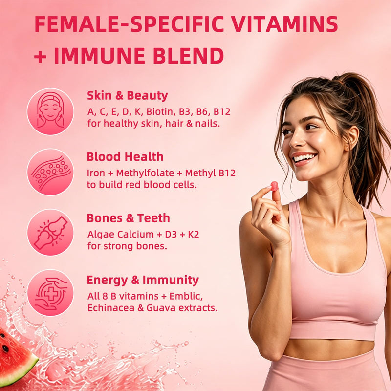 Women’s Methylated Multivitamin Gummies – with Iron, Biotin, Methylfolate, B-Complex, Vitamins A, C, D, K2, Zinc & Organic Immune Blend – Energy, Immune, Bone, Skin, Hair, Sugar Free, Vegan – 60 Count