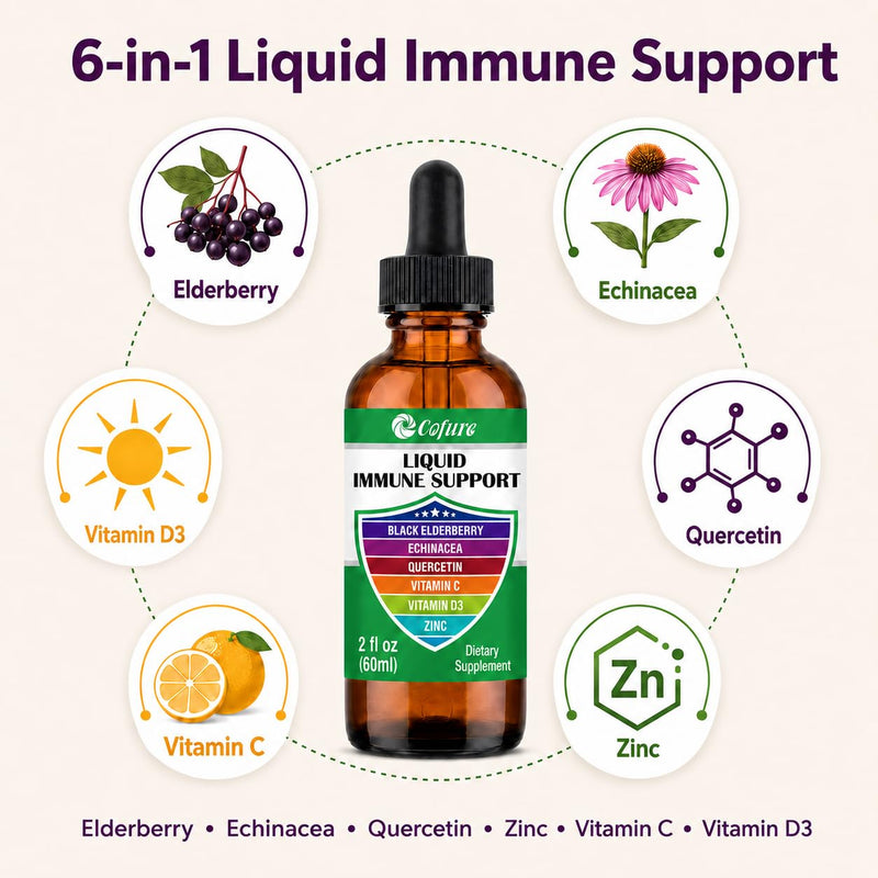 Zinc Quercetin Echinacea Elderberry Vitamin C D3 Liquid Immune Support | 6-in-1 Immune Defense Organic Drops for Adults, Vegan, Non-GMO, Gluten Free, 2 Fl Oz, 60 Servings 2 Fl Oz (Pack of 1)