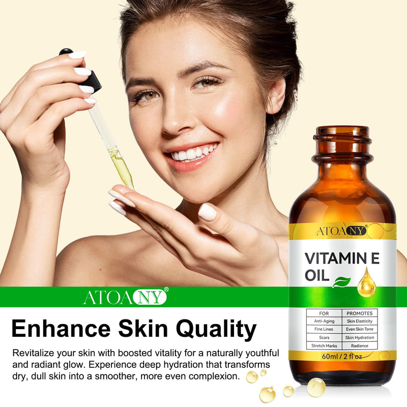 Vitamin E Oil 2 pack - 100% Pure Vitamin E Oil for Skin, Face, Hair, Body - Natural Antioxidant for Dryness, Wrinkles, Scars & Stretch Marks, Deep Hydration for Soft, Glowing Skin 2 Fl Oz (Pack of 2)