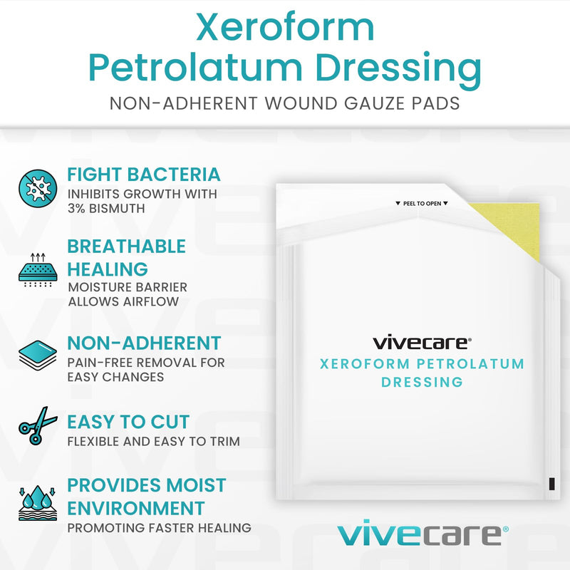 Vive Xeroform Petrolatum Dressing (5" x 9" - 25 Count) - Non-Adherent Wound Gauze Pads - Soft, Fine Mesh Gauze Patch for Wound Care, Burns, Lacerations, Skin Grafts & Surgical Incisions 5” x 9” (Pack of 25) - BeesActive Australia