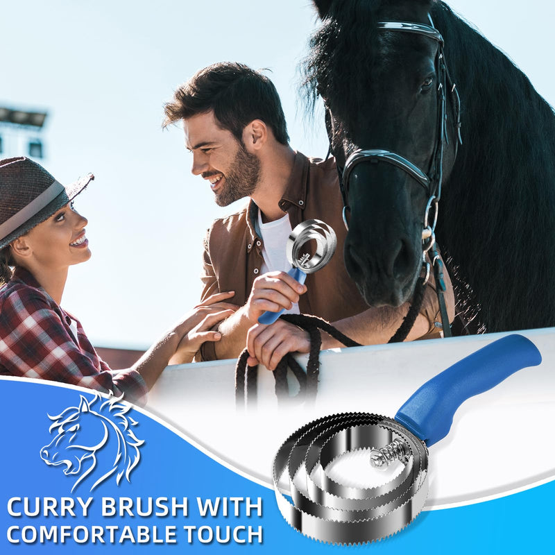 4 Rings Curry Comb Horse Brush - Reversible Stainless Steel Curry Comb Horse Brush Scraper With Handle - Double Sided Horse Shedding Tool for Dog Sheep Horse Grooming Supplies (Blue) Blue