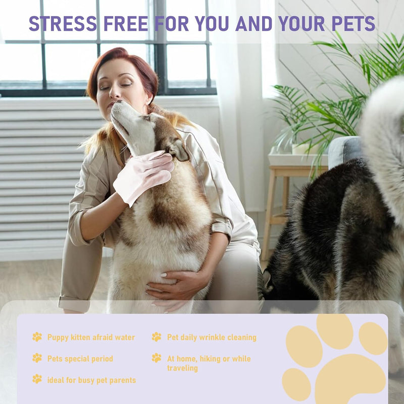 Pet Cleaning Glove Bathing Wipes for Dogs and Cats, Hypoallergenic Deodorizing No-Rinse Grooming Wipes for Paws, Body, and Butt, Perfect for Cat Dry Cleaning, Daily Care and Travel, Lavender, 8 Pcs - BeesActive Australia
