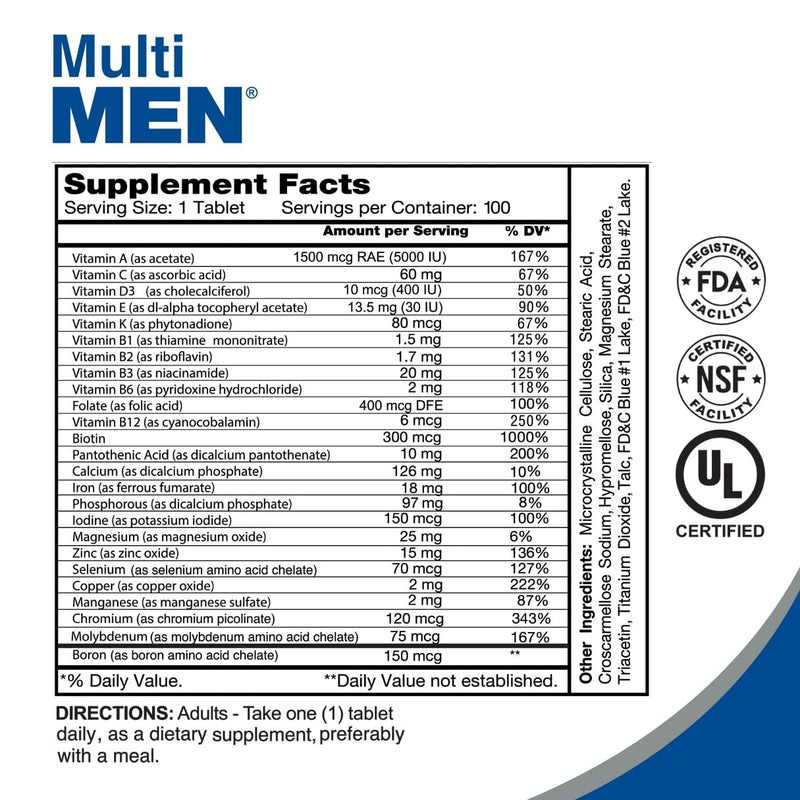 ALFA VITAMINS Multi Men Vitamins Dietary Supplement with Essential Vitamins & Minerals for Men - Amino Acids + Antioxidants - 100 Tablets Men (1 Pack)