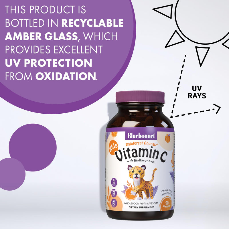 Bluebonnet Nutrition Rainforest Animalz Vitamin C Animal Shape Chewable Tablets, 250mg of Vitamin C, Soy-Free, Gluten-Free, Kosher Certified, Dairy-Free, Vegan, 90 Tablets, 45 Servings, Orange Flavor | Vegan, Kosher Certified, Gluten-Free, Soy-Free, Da...