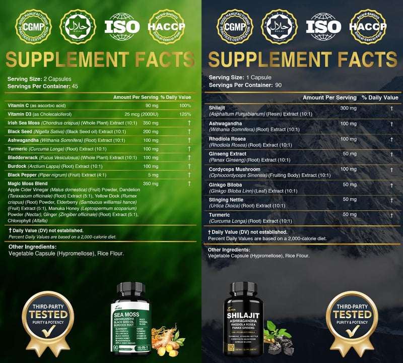 Shilajit 9000mg, Sea Moss 17500mg, Ginger & Black Seed Oil 4000mg, Ashwagandha 5000mg, Rhodiola Rosea, 1000mg Panax Ginseng 1500mg, All in 1 Supplement - Sea Moss & Shilajit Vitality Bundle - BeesActive Australia