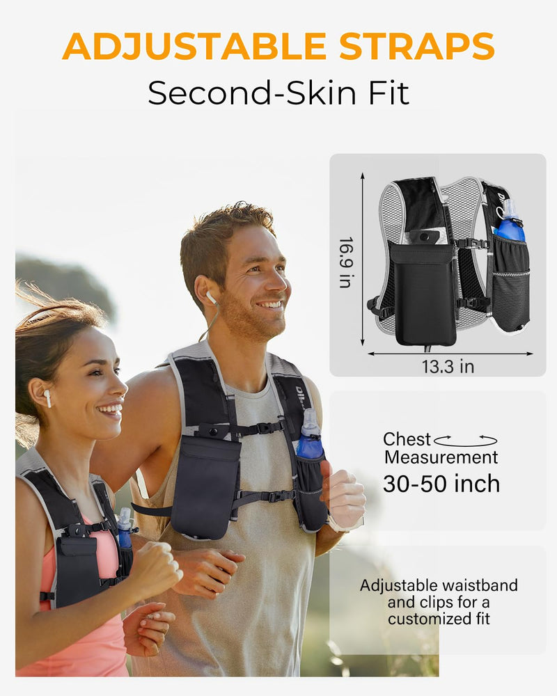 Running Vest for Women Men, Lightweight Hydration Runner Vest with Transparent Waterproof Phone Pocket, 17oz Soft Flask, Adjustable Chest Straps Reflective Backpack for Hiking Cycling Jogging Grey