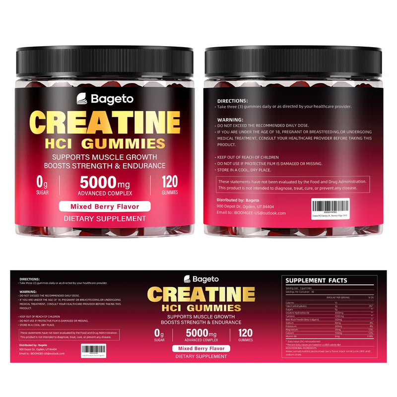 Bageto Creatine HCl Gummies Complex with 1g Turmeric & 500mg Electrolytes | 120 Ct with Beet Root & Vitamin B6, Sugar-Free 3000mg Creatine HCl Gummies for Women and Men, Post & Pre Workout , Vegan