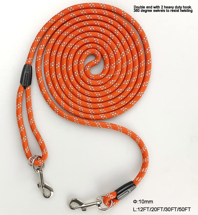 Long Rope Dog Leash for Dog Training 12FT 20FT 30FT 50FT, Reflective Threads Dog Cat Leashes Tie-Out Check Cord Recall Training Agility Lead for Large Medium Small Dogs (Orange, 10mm*12ft) ORange - BeesActive Australia