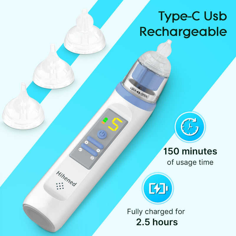 Electric Nasal Aspirator for Baby, Nose Aspirator for Toddlers, Rechargeable Baby Nose Sucker, Nose Cleaner with 3 Silicone Tips, 5 Suction Levels, Music and Light Soothing Function，Blue Blue