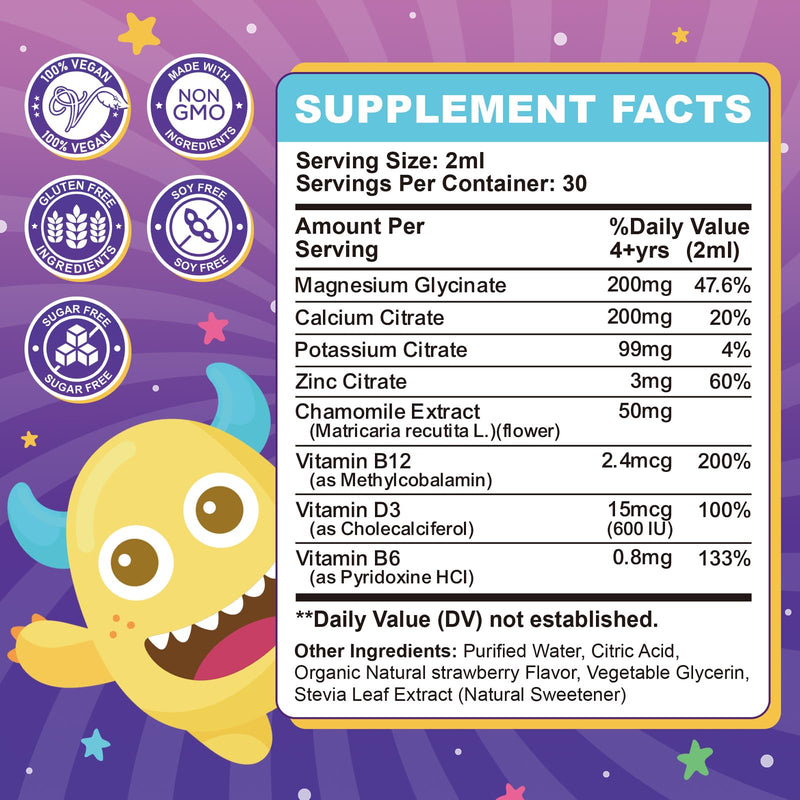 Magnesium Glycinate Liquid for Kids – Liquid Magnesium Glycinate with Zinc, Chamomile, Vitamin B12, B6, D3 – Calm Drops for Sleep, Relaxation, Calm & Focus –Strawberry Flavor, 2 Fl Oz Strawberry 2 Fl Oz (Pack of 1)
