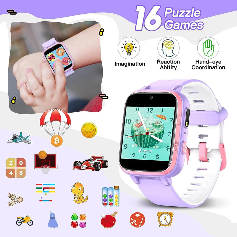 ZONEY Kids Camera Smartwatch, Game Watch Toy with Music Player, Kids Video Smart Watch with Puzzle Games, Flashlight,Alarm Clock,Pedometer, Watch for Boys Girls (Purple)