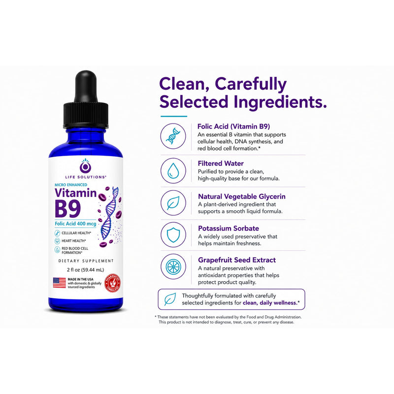 Life Solutions Vitamin B9 Liquid Drops, Folic Acid 400 mcg, 2 fl oz | 400 mcg folic acid per serving in convenient liquid drops with a precision dropper for easy daily use.