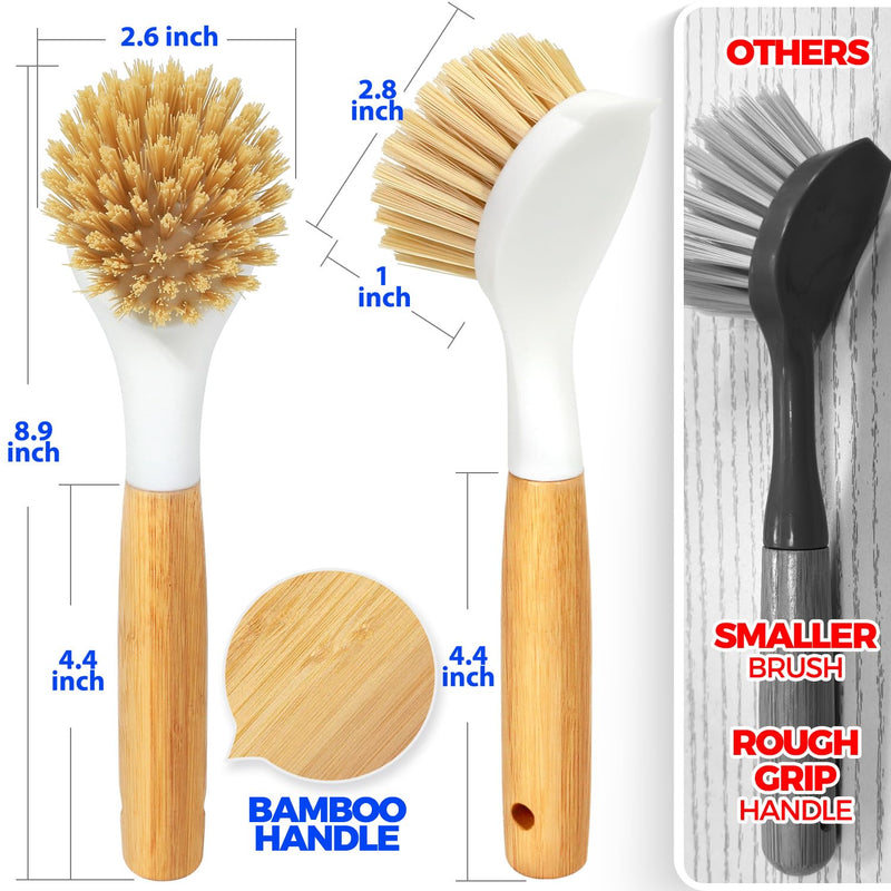 Holikme 3 Pack Dish Brush Set with Bamboo Handle, Kitchen Scrub Brush for Cleaning Dish, Pot, Sink and Stove, Skillet Scrubber with Tough Bristles for Cast Iron Grill Pan, Yellow White Black - BeesActive Australia
