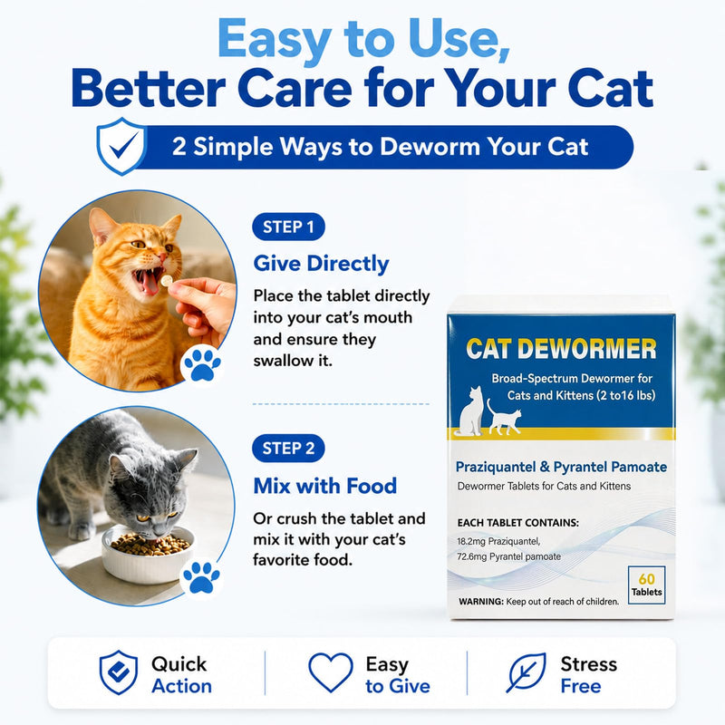 Cat Dewormer Tablet for Cats & Kittens – Praziquantel & Pyrantel Pamoate, Broad Spectrum Dewormer for Tapeworms, Roundworms & Hookworms, 60 Tablets