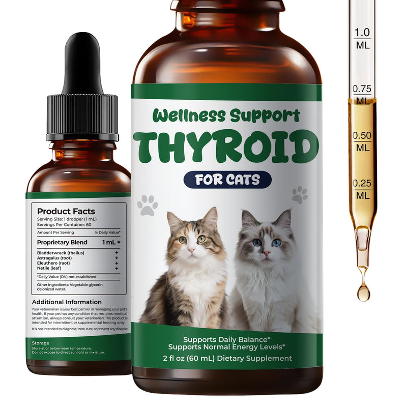 Thyroid Support Drops for Cats, Appetite Stimulant for Cats with Bladderwrack, Astragalus, Eleuthero & Nettle, Metabolic Balance, Weight Support & Daily Vitality, Liquid Herbal Cat Supplement, 2 fl oz