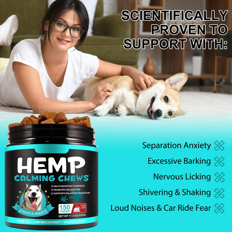 Calming Treats for Dogs Anxiety Relief – Hemp Calming Chews 150 Count | Dog Anxiety Relief for Barking, Separation, Thunderstorms & Fireworks | Natural Calming Supplement, Peking Duck Flavour
