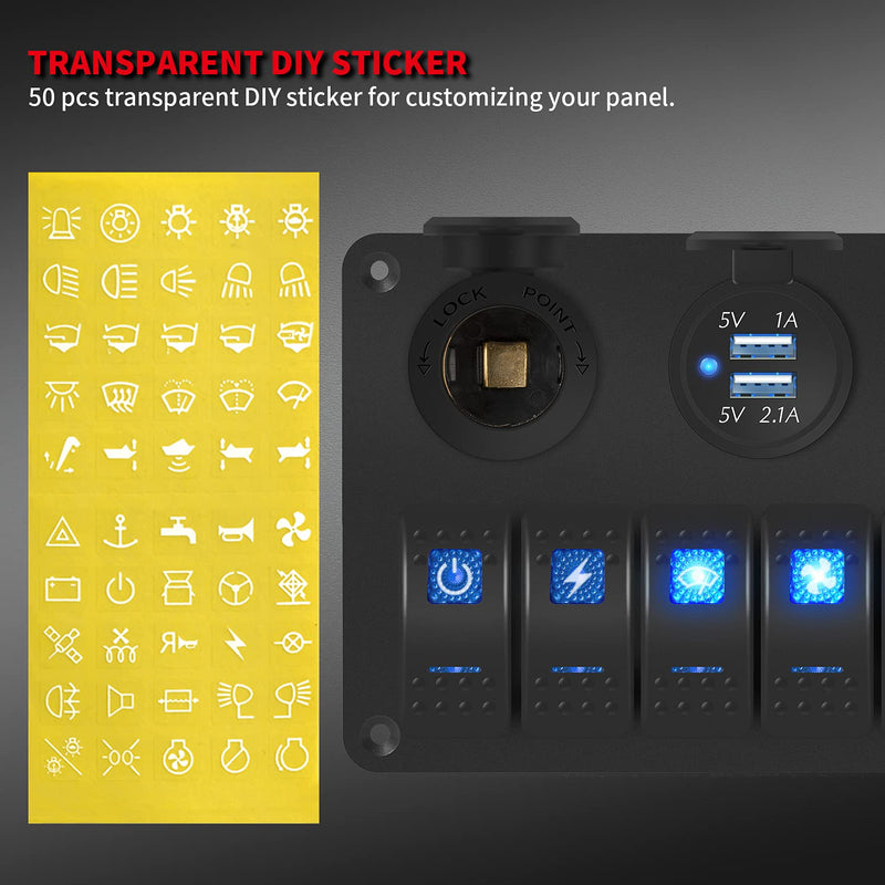 DaierTek 6 Gang Marine Rocker Switch Panel Waterproof 12 Volt, Boat Toggle Switch Panel 12V Blue LED Lighted for Boat Car RV UTV with USB Cigarette Lighter Socket Voltmeter