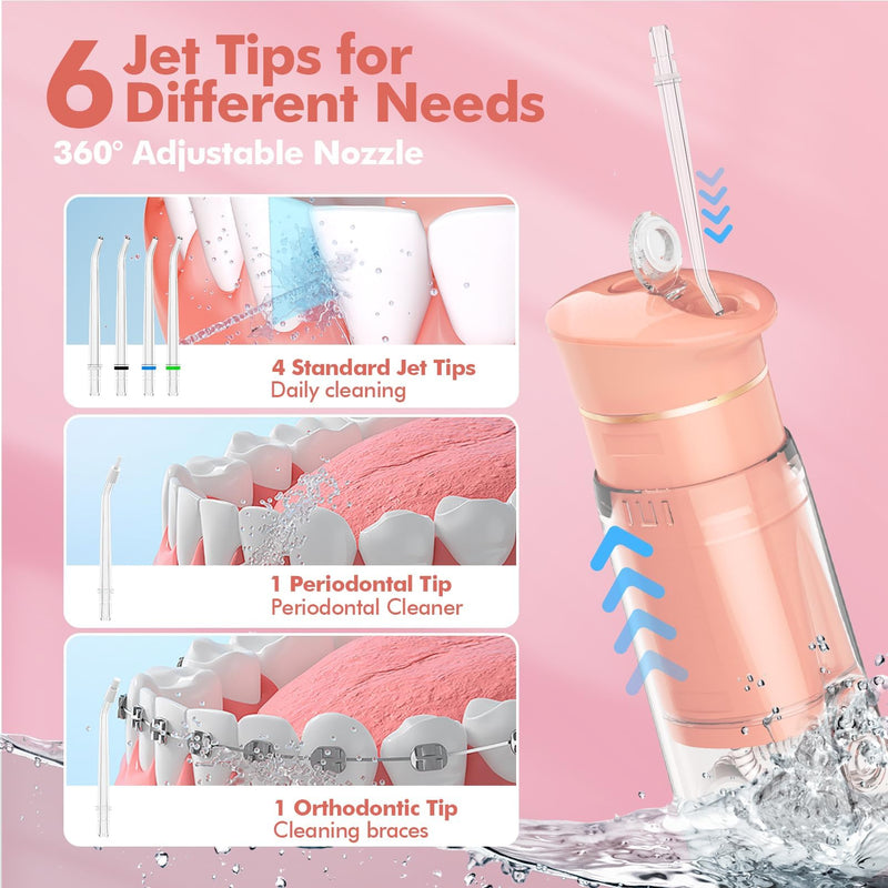 Water Flosser Mini Cordless Portable: 5 Modes Travel Water Dental Floss with Telescopic Water Tank, IPX7 Waterproof Oral Irrigator for Teeth Cleaning Gums,Orthodontic,Braces Dental Care (Peach Fuzz) Peach Fuzz