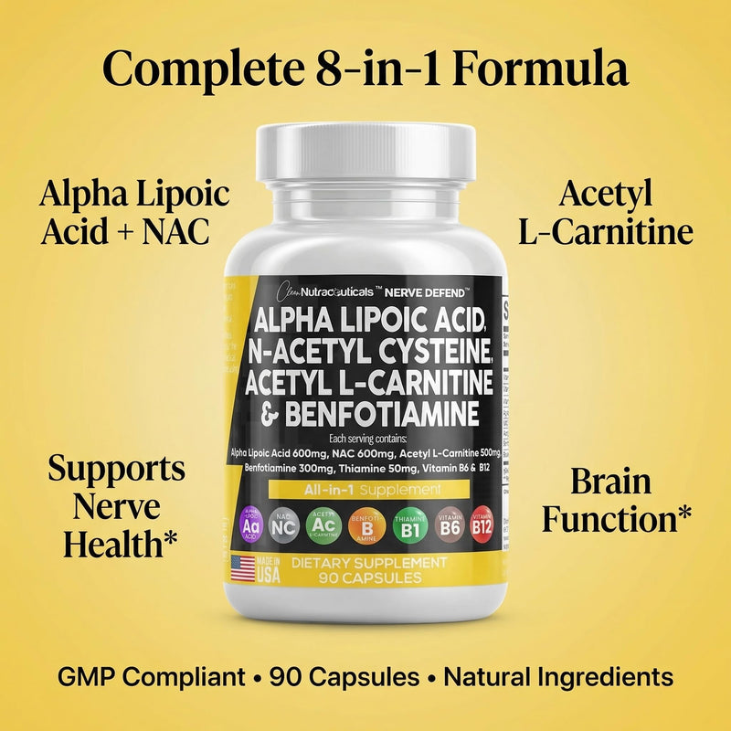 Alpha Lipoic Acid 600mg N-Acetyl Cysteine 600mg Acetyl L-Carnitine 500mg Benfotiamine 300mg - Nerve Support Supplement for Women and Men with Vitamin B1 B6 & B12 - Made in USA 90 Caps 90 Count (Pack of 1)