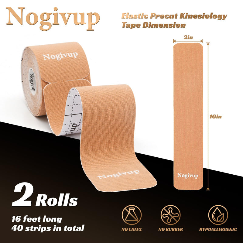 Kinesiology Tape – 2 Rolls Latex-Free Cotton Precut Strips, Elastic Waterproof Athletic Sports Tape for Muscle & Joint Pain Relief & Support (Beige, 2" Wide)