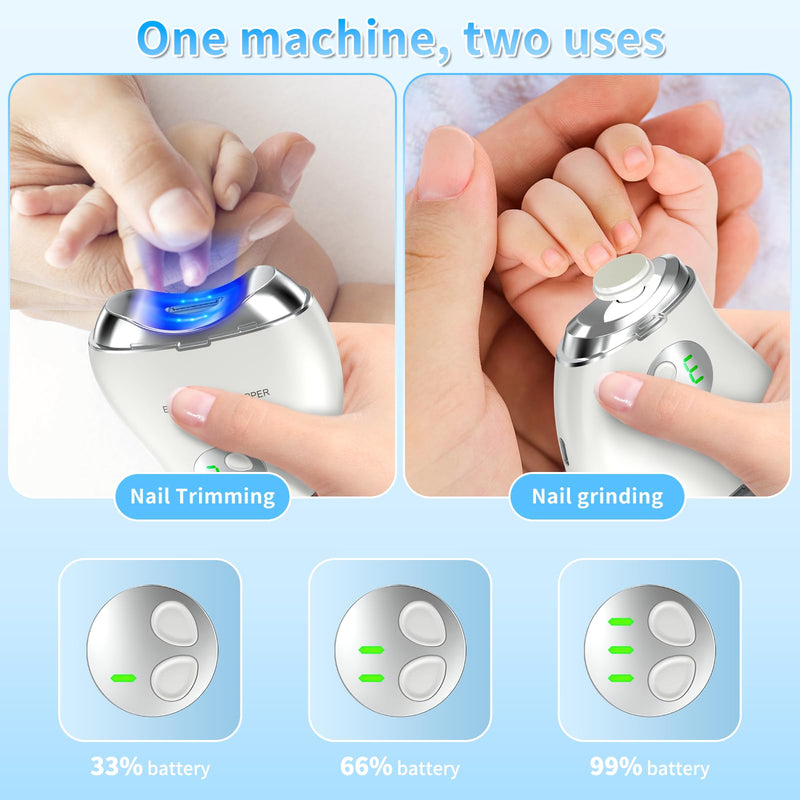 Automatic Electric Nail Clipper, 2 in 1 Baby Nail Trimmer with LED Light & Storage Box, Safe Nail File for Baby, Kids, Adults, Seniors, Rechargeable Portable Fingernail Cutter with 3 Speed Gears White - BeesActive Australia