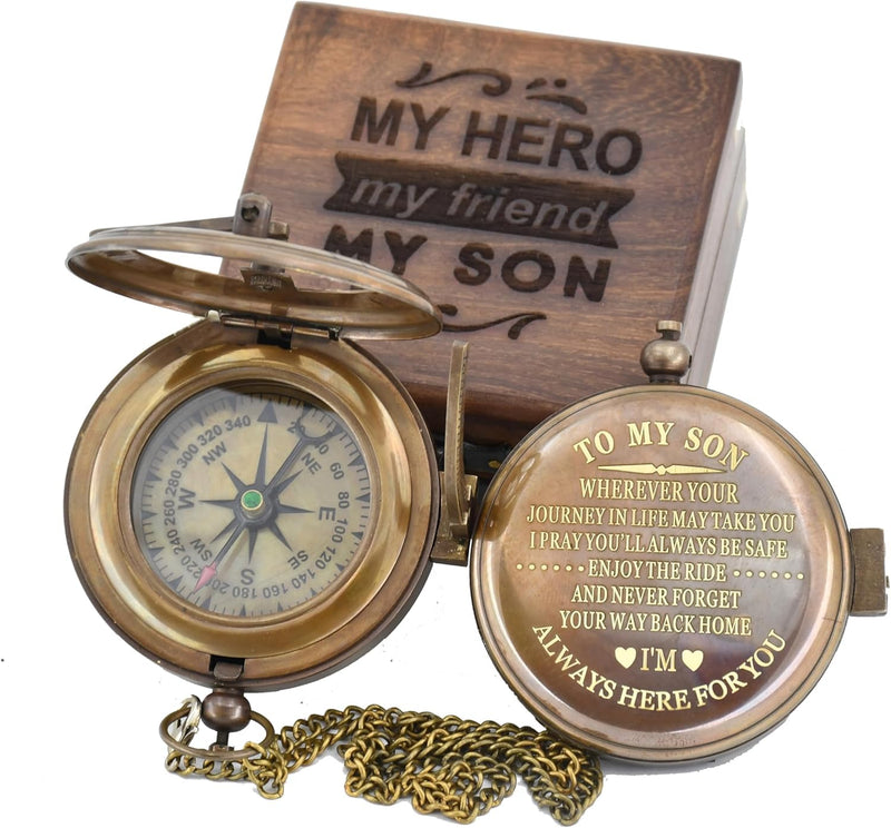 Son Gifts Mom and Dad, to My Son Compass Comes Grain Leather Case Brass Nautical - Personalized Sundial Compass, Birthday Gifts, Graduation Gifts Wooden Box - BeesActive Australia