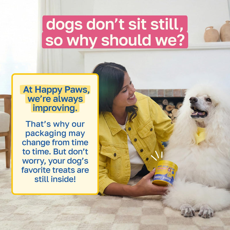 Happy Paws Skin and Coat Supplement for Dogs, Itch & Allergy Relief Support, Daily Dry Skin Comfort & Shedding Care with Coconut Oil & Vitamin B12, Vegan Chicken Flavor, 100 Chews 100 Count