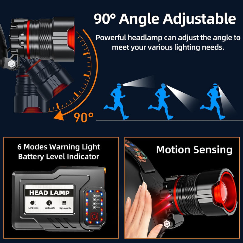 Rechargeable LED Headlamp 99000 High Lumens, Super Bright with 12 Modes & IPX7 Level Waterproof USB Rechargeable Zoom Headlamp, 125° Adjustable for Outdoor Camping, Running, Cycling, Climbing, Home