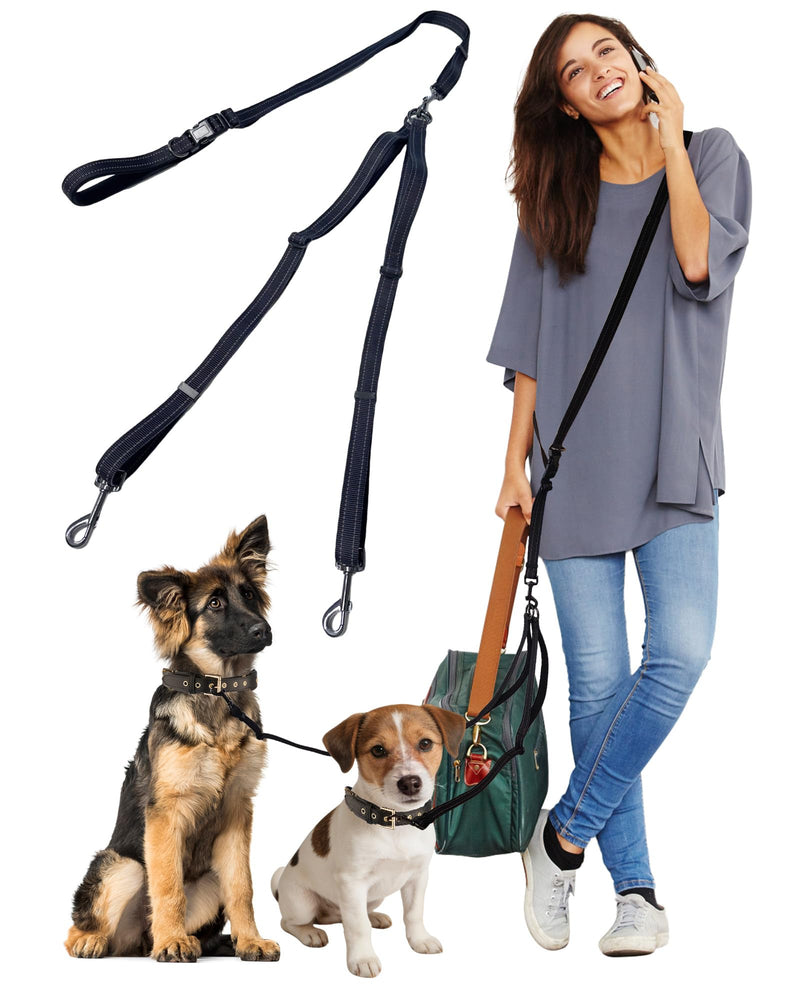 Double Dog Leash - Two Dog Leash No Tangle Design, 3-in-1 Adjustable Waist Belt for Two Dogs, Detachable Dual Leashes, Suitable for Dogs for Training, Running and Walking. Black - BeesActive Australia