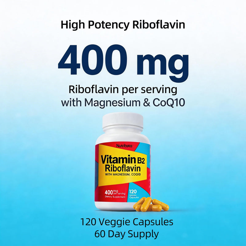 Vitamin B2 Riboflavin 400mg with Magnesium & CoQ10, High Potency Vitamin B2 Supplement for Energy Metabolism & Daily Wellness, 120 Veggie Capsules, 60 Day Supply
