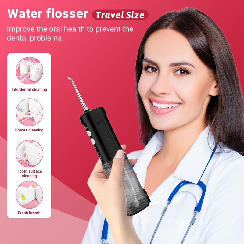 Mini Portable Water Flosser Oral Irrigator Water Teeth Cleaner Pick, Telescopic Water Tank, 4 Modes & IPX7 Waterproof, Home & Travel Water Flossers for Teeth, Braces Bridges Care. (Black) Black