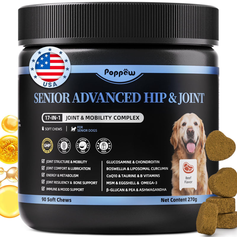 Senior Advanced Joint Supplement for Dogs – 17-in-1 Glucosamine for Dogs with Chondroitin – Hip & Joint Pain Relief Pills – Mobility Support Chews – Large & Small Breeds - Beef Flavor – 90Ct 90 Count (Pack of 1)