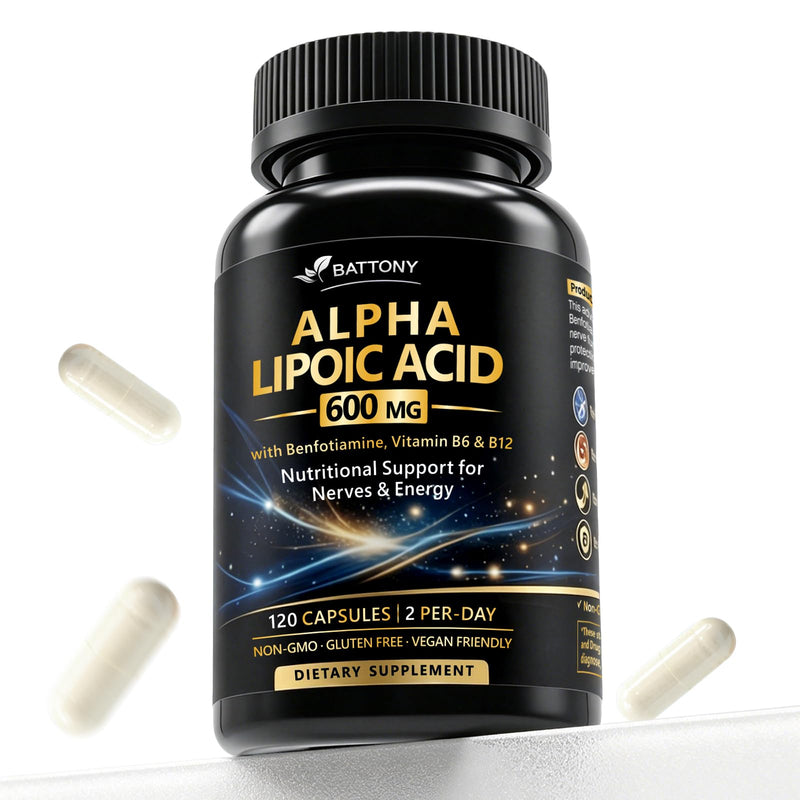 Battony Alpha Lipoic Acid 600 mg with Benfotiamine, Vitamin B6 & B12, Non-GMO, Gluten Free, Vegan Friendly Lab Tested, ALA Supplement 120 Capsules,2 Month Supply