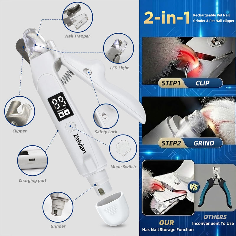 2-in-1 Dog & Cat Nail Clipper and Grinder with LED Light, Low-Noise Electric Pet Nail Trimmer, Safety Lock & Nail Catcher, USB-C Rechargeable, 3 Grinding Ports for Cats & Small to Medium Dogs - BeesActive Australia