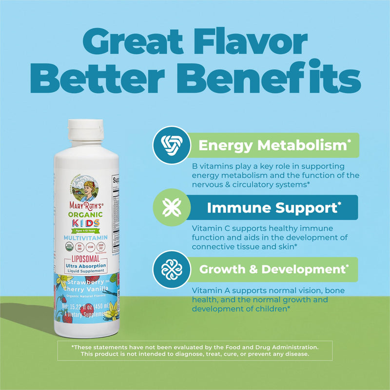 MARYRUTH'S Organic Kids Multivitamin Liposomal, 15.22 oz, Immune Support | Sugar Free, Immune Support, Bone Health, Cognitive Health, Overall Wellness