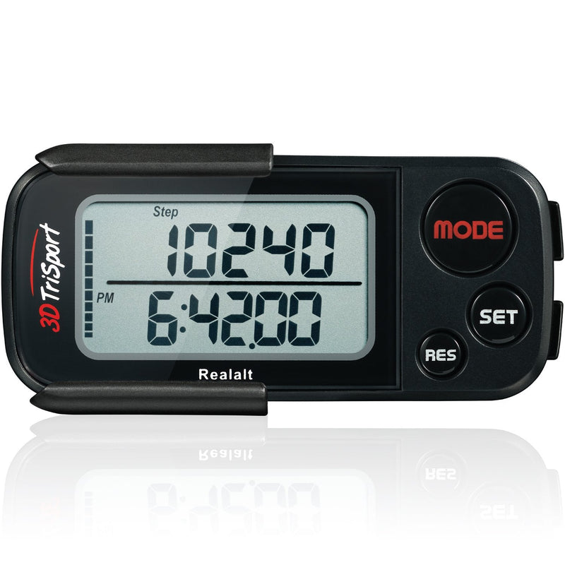 Realalt 3DTriSport 3D Walking Pedometer with Clip & Strap, Accurate Step Counter with 30-Day Memory, Distance in Miles/KM with Large Display Perfect for Seniors & Beginners, eBook Included One Size Stealth Black
