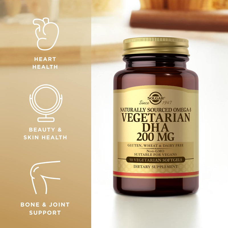 Solgar Vegetarian DHA 200 mg - 50 Vegetarian Softgels - Naturally Sourced Omega-3 - Vegan, Gluten Free, Dairy Free - 50 Servings - BeesActive Australia